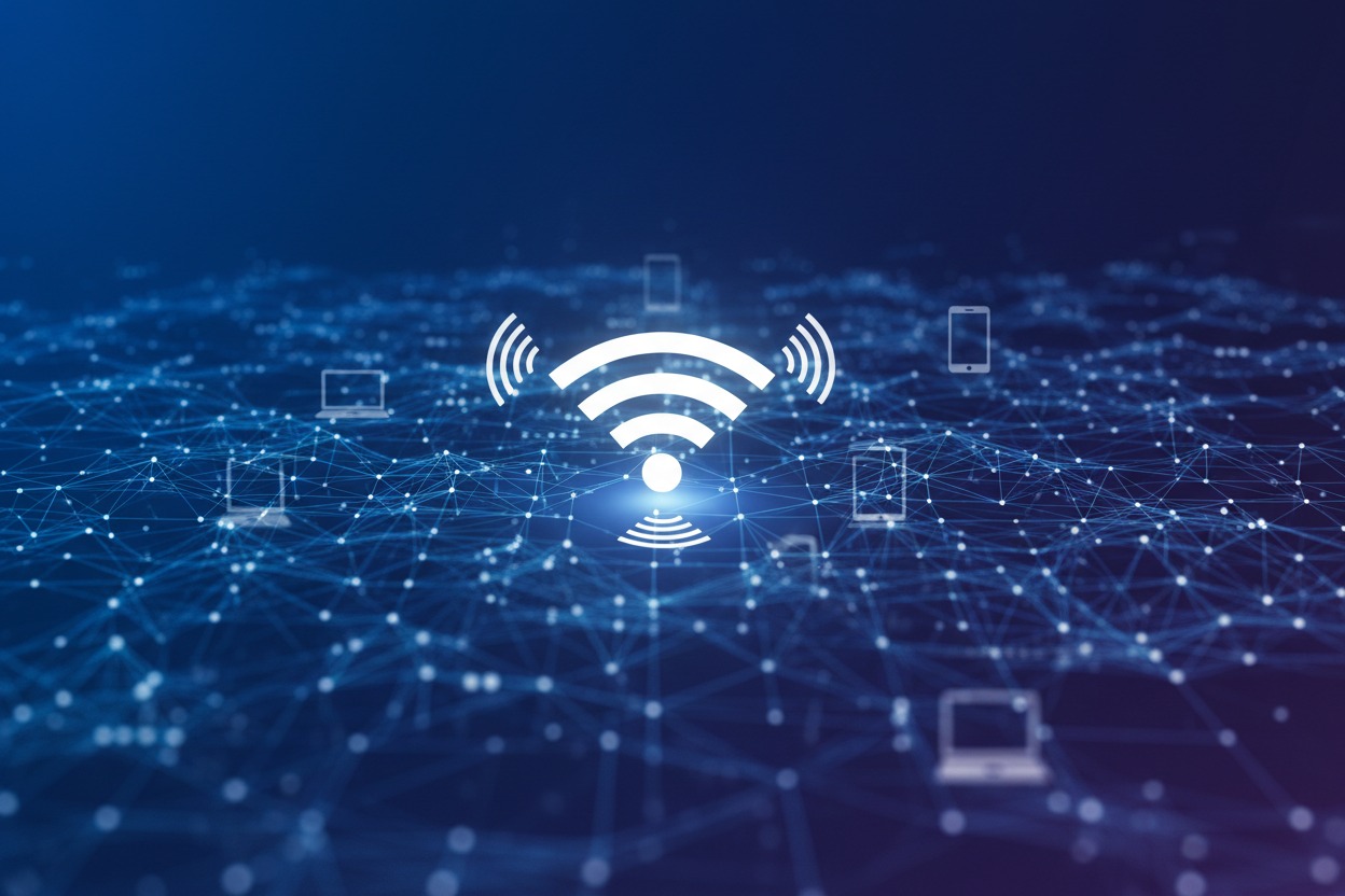 A glowing white Wi-Fi symbol floats above a vast blue digital network connecting various devices.